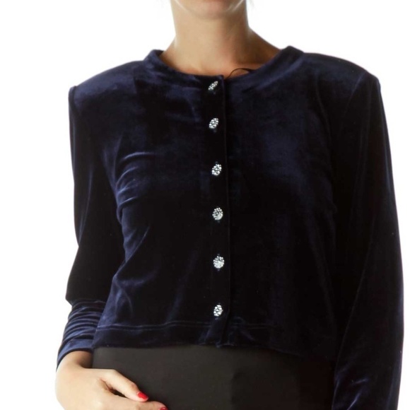 Jessica Howard Navy Velvet Cropped Jacket - Picture 4 of 4